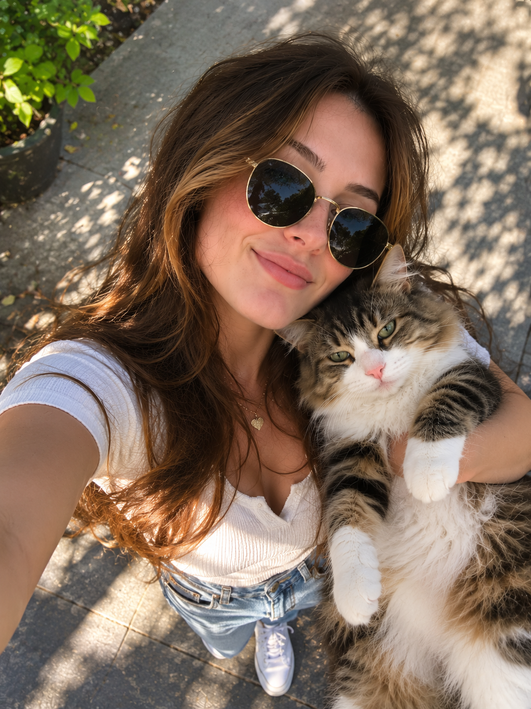 Sarah Mitchell outdoors holding her cat